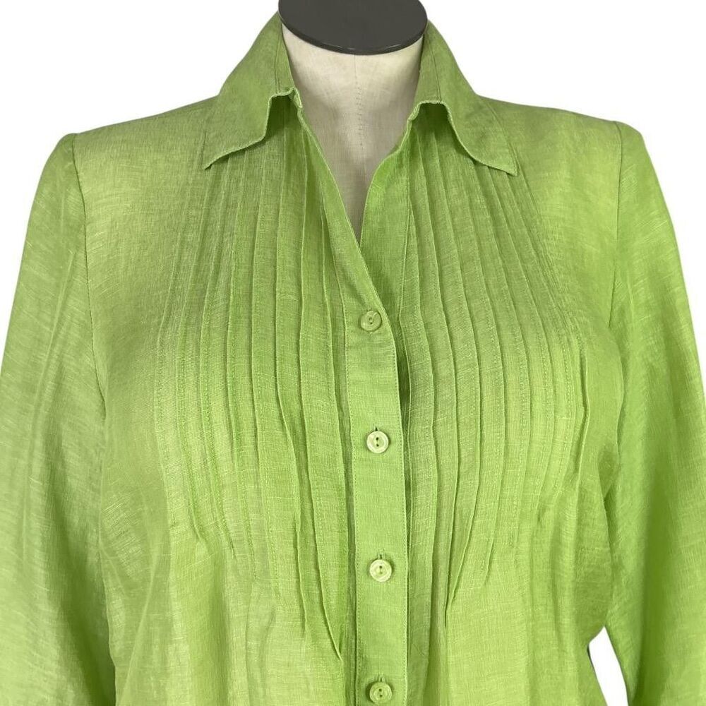 Coldwater Creek Top Women 1X Green Linen Silk Pleated 3/4 Sleeve Button Up Shirt - Picture 2 of 7